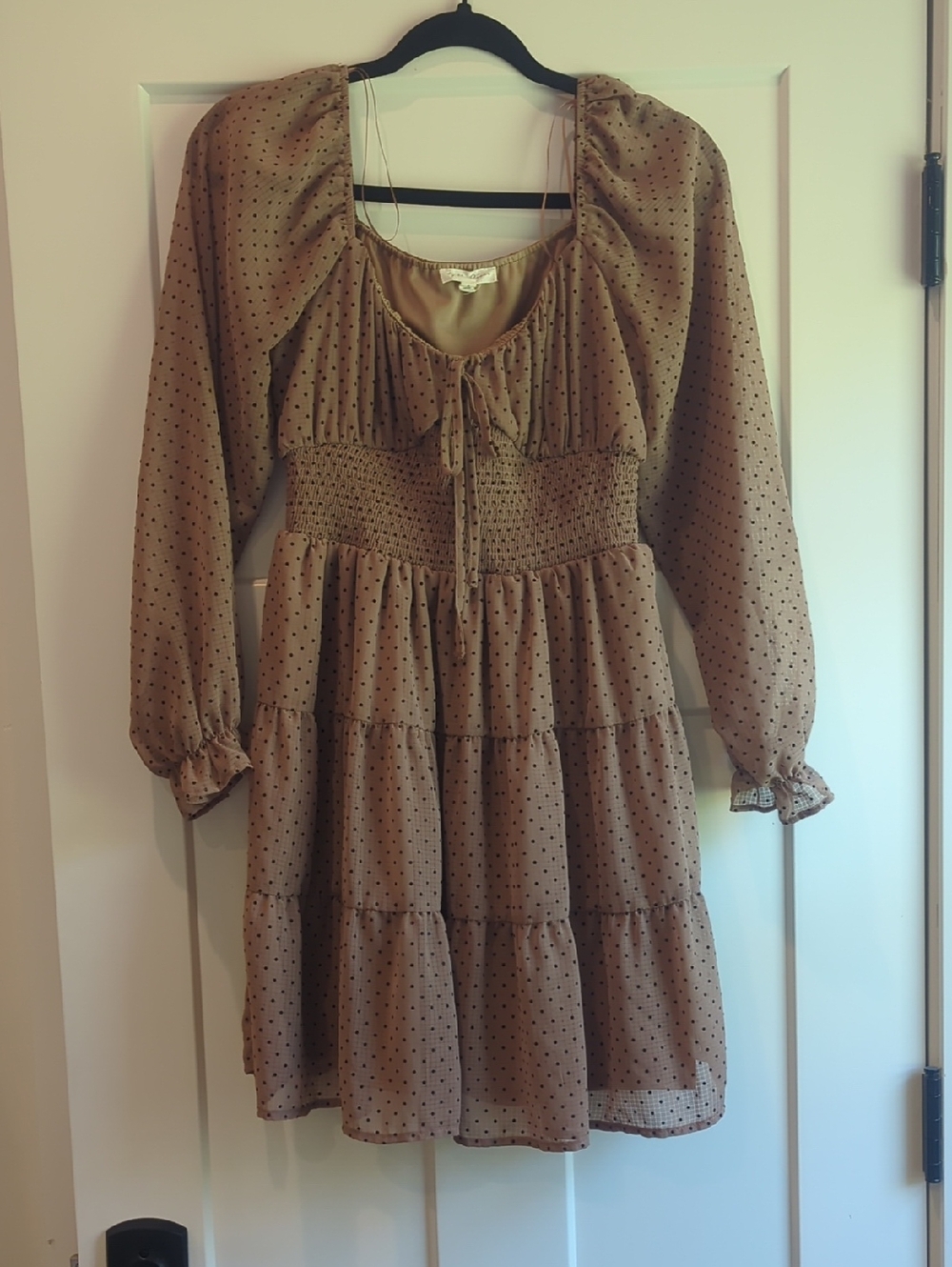 Smocked Waist Long-Sleeve Tiered Dress in Brown Polka Dot